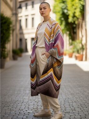 Chico's Chevron-Print Open Front Poncho in Purple, Mustard, Brown, Cream